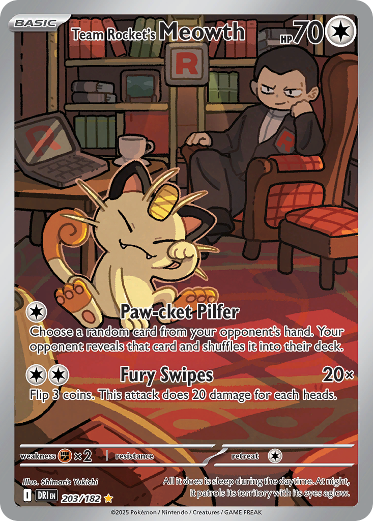203/182 [DRI] Team Rocket's Meowth - Illustration Rare